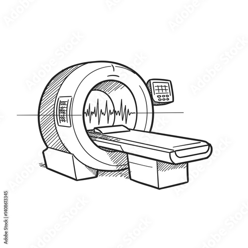MRI Machine Illustration, Technical Style. Medical diagnostics equipment, healthcare technology, radiology concept. Vector icon for medical infographics, hospital website, scientific presentation