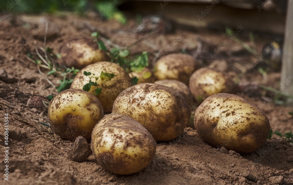 Dirty fresh brown potatoes on the dirt ground Dirty fresh brown potatoes on the dirt ground
