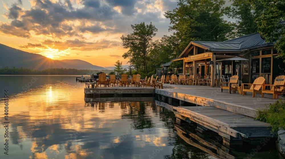 Fototapeta premium Lakeside Sunset at a Mountain Resort: Golden Hour Serenity
