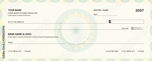 Blank bank check, checkbook cheque template or money payment paper voucher, vector mockup. Business or personal account cash pay cheque certificate or paycheck coupon from checkbook