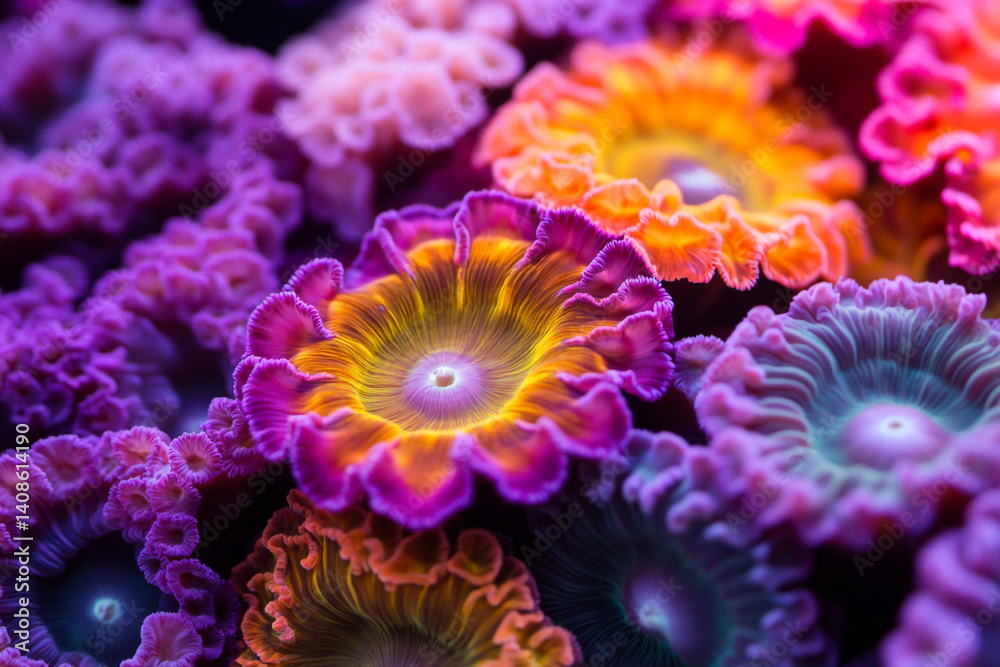 A coral reef filled with beautiful and vibrantly colored coral, with a large coral in the middle that is shaped like a beautiful pink flower.