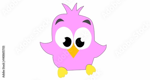 A cute and whimsical illustration of a small, chubby bird. The bird is predominantly pink with a yellow beak and yellow feet