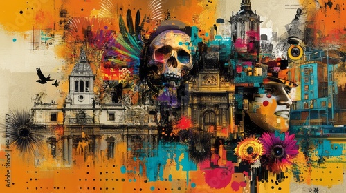 Vivid artistic interpretation of cityscape with symbolic elements present