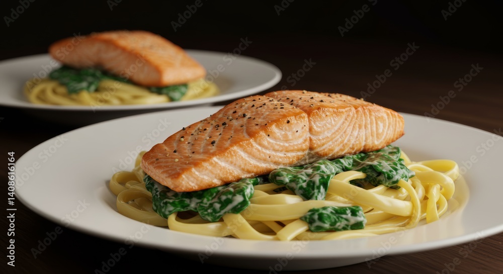 Studio shot capturing fettuccine alfredo topped with seared salmon and spinach Studio shot capturing fettuccine alfredo topped with seared salmon and spinach