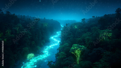 Mystical River in a Glowing Forest at Night