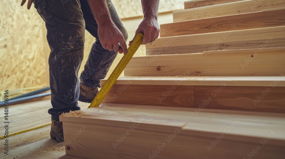 Carpenter building custom wooden stairs for a home renovation project. Featuring craftsmanship and design Carpenter building custom wooden stairs for a home renovation project. Featuring craftsmanship and design
