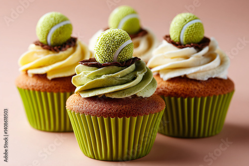 tennis themed party cupcakes with white and green chocolate cream swirls photo