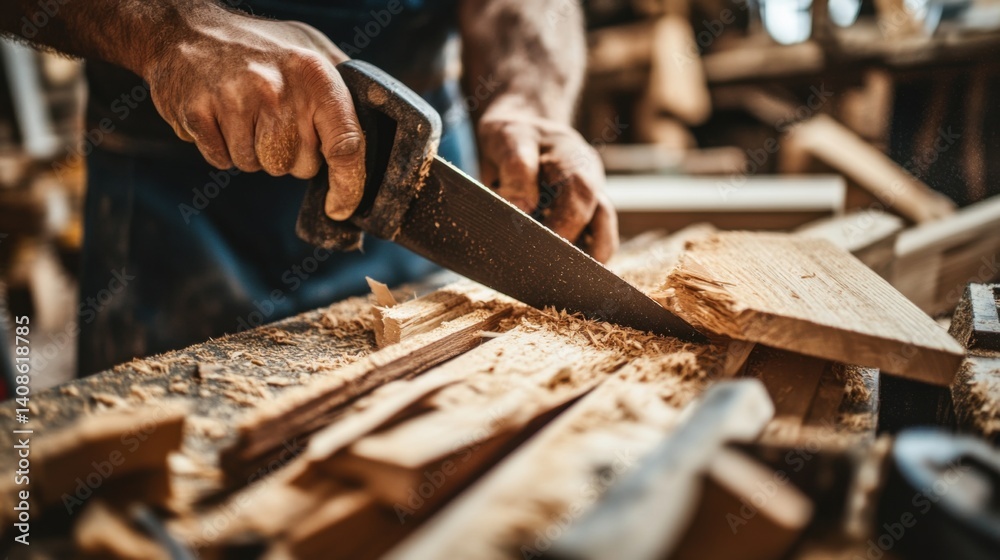 Carpenter cutting wood for a furniture project. Featuring craftsmanship and focus Carpenter cutting wood for a furniture project. Featuring craftsmanship and focus