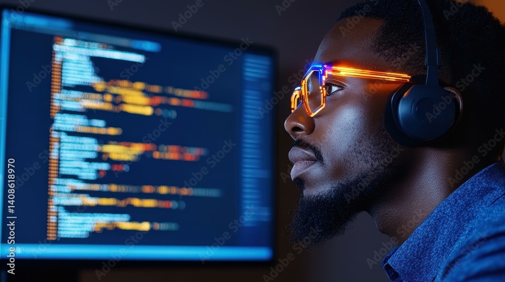 An IT expert focuses on cybersecurity threats and data analysis at night, showcasing advanced tech and privacy safeguards.