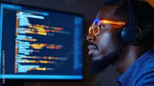 Obraz na płótnie An IT expert focuses on cybersecurity threats and data analysis at night, showcasing advanced tech and privacy safeguards. w salonie