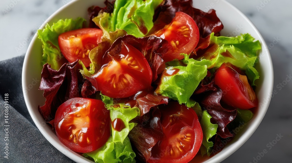 A vibrant bowl of fresh organic salad, featuring crisp greens and colorful veggies, perfect for health enthusiasts.
