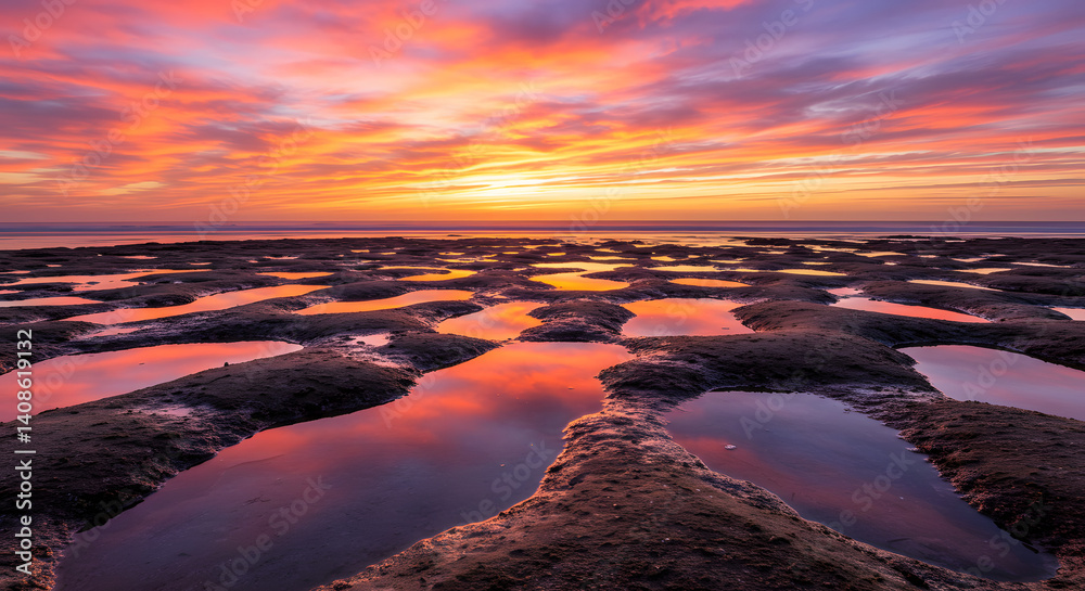 A breathtaking sunset sky reflected in calm coastal pools between rocks — surreal symmetry, vivid colors, and peaceful atmosphere ideal for nature visuals. A breathtaking sunset sky reflected in calm coastal pools between rocks — surreal symmetry, vivid colors, and peaceful atmosphere ideal for nature visuals.