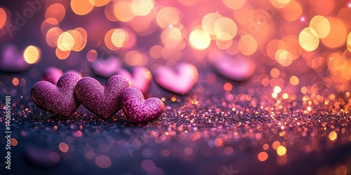 Dark pink glittering hearts on blurred bokeh  background, space for text