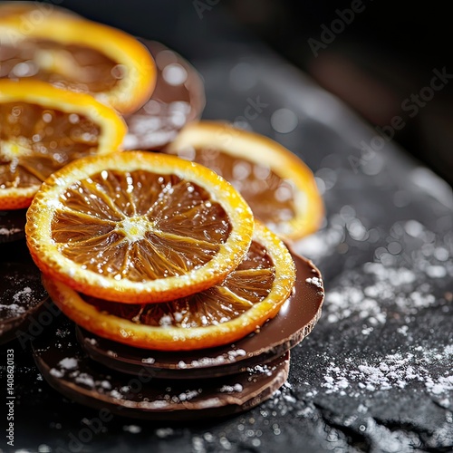 Closeup orange slices in dark chocolate, blurred background,space for text, side view