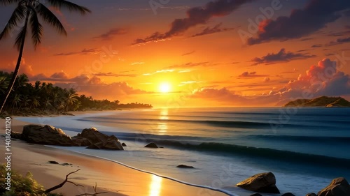 gentle waves caress tropical shore, palm trees sway under vibrant sky, Ai Generated.