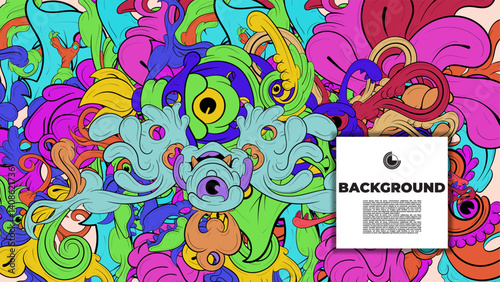Playful Cartoon Monster Character with Tentacles, Eyes, Feathers, and Leaves – Fun Fantasy Wallpaper Design