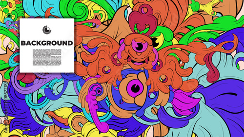 Playful Cartoon Monster Character with Tentacles, Eyes, Feathers, and Leaves – Fun Fantasy Wallpaper Design