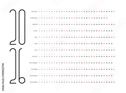 Line Calendar Grid 2026 - Monthly Calendar layout 2026 Template