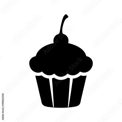 A Delicious Black Silhouette of a Cupcake with a Cherry on Top