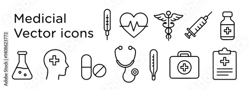 Medical icons set of outlined medical vector icons on white background, including thermometer, heart rate, caduceus, syringe, medicine bottle, test tube, head with cross, pills, stethoscope, first aid