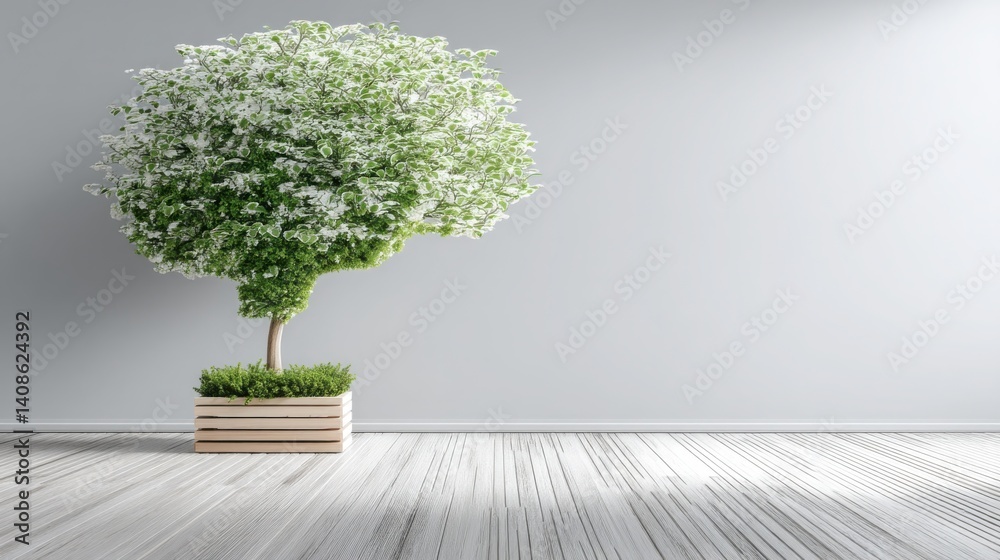 Obraz premium Potted tree in a modern design container representing growth and sustainability in a 3d holographic ai brain projection