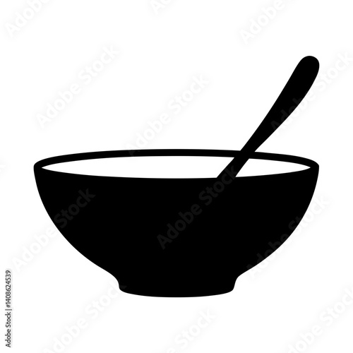 Simple Black and White Illustration of a Bowl with Spoon