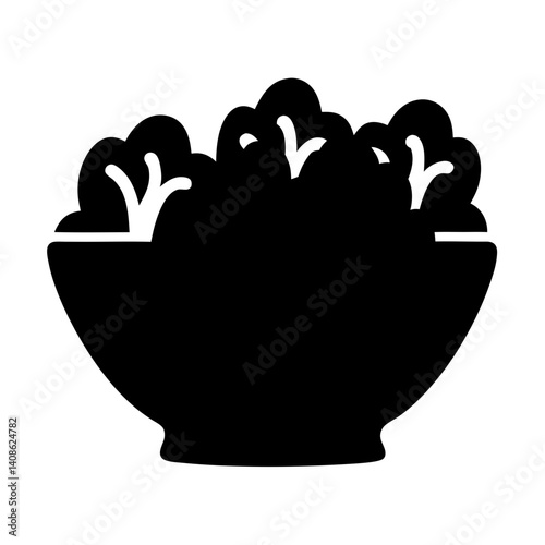 Simple Black and White Icon of a Bowl of Salad Greens