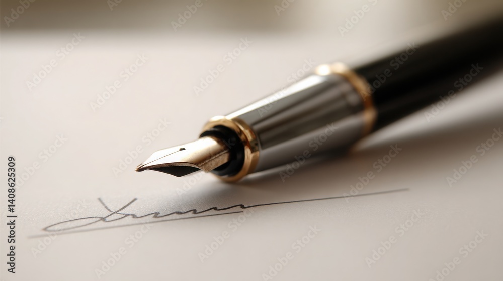 Classic pen and paper with motion lines demonstrating automation drawing a signature for formal document completion Classic pen and paper with motion lines demonstrating automation drawing a signature for formal document completion