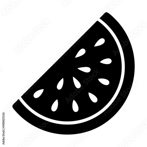 A simple black and white illustration of a watermelon slice