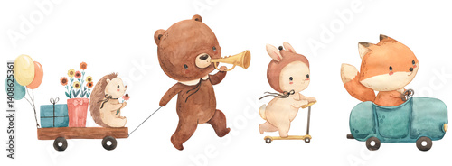 Watercolor bear, fox, bunny and hedgehog illustration for kids