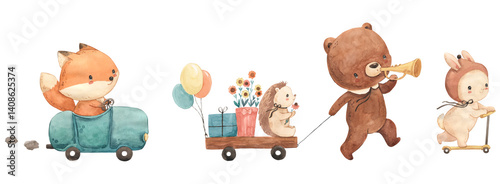 Watercolor fox, bunny, hedgehog, bear illustration for kids