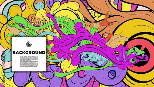 Playful Cartoon Monster Character with Tentacles, Eyes, Feathers, and Leaves – Fun Fantasy Wallpaper Design