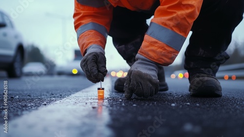 Road safety technician installing reflective markers along a highway. Featuring precision and visibility