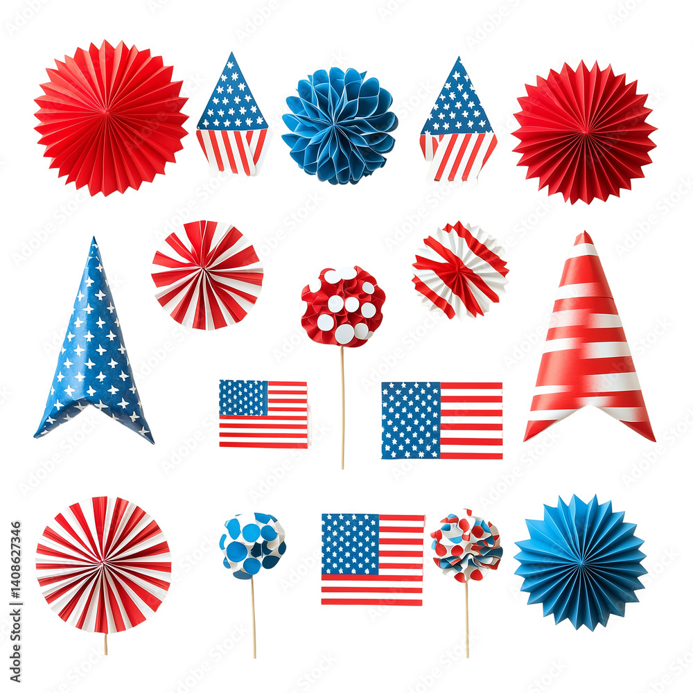 Obraz premium Patriotic decorations for july fourth party celebration and holidays isolated on transparent background, png