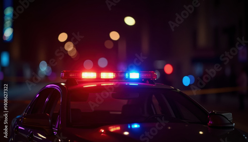 Close-up of flashing police lights at a crime scene. Evokes urgency, tension, and law enforcement presence. Great for news, crime, or public safety visuals. Generative AI.