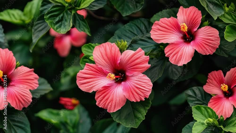custom made wallpaper toronto digitalVibrant pink hibiscus flowers bloom beautifully in tropical garden, surrounded by lush green leaves, creating serene atmosphere that celebrates natures beauty.