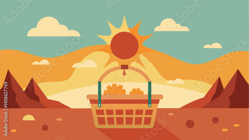 As the sun beat down on the farmers market an abandoned basket symbolized the toll taken by the unrelenting food shortages.. Vector illustration