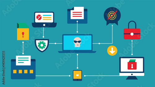 An animated flow chart depicting the process of data being scanned for malicious content before being allowed to pass through a network.. Vector illustration