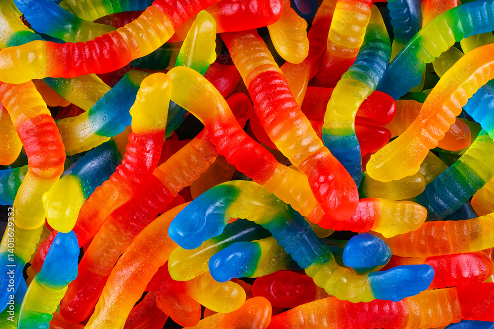Colorful gummy worms in a vibrant mix of red, blue, yellow, green, and orange. Perfect for playful food backgrounds.