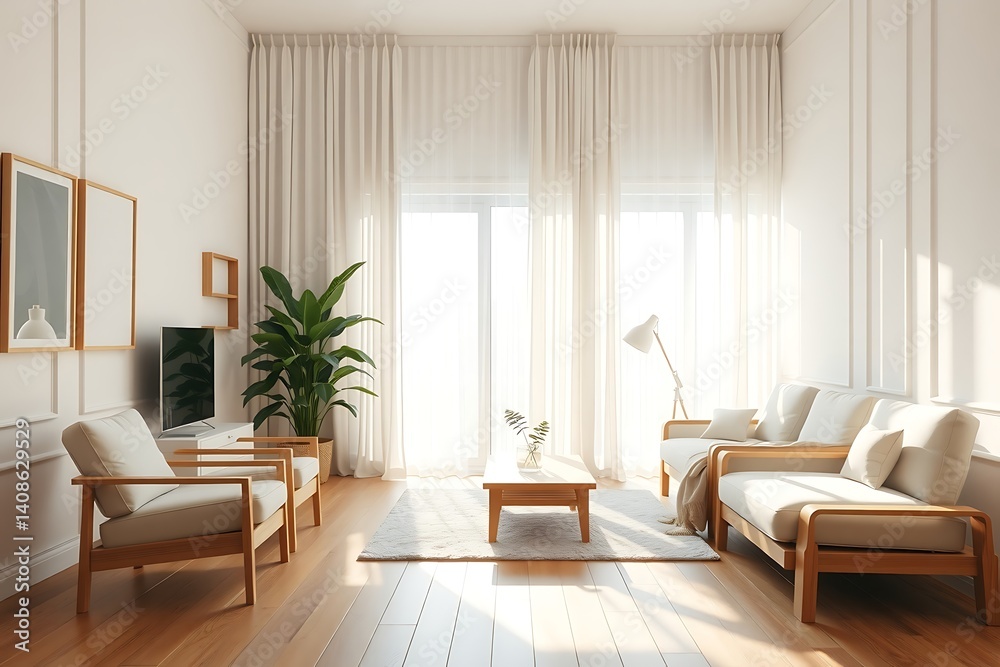 Fototapeta premium Modern living room design ideas: minimalist interior with sofa, chairs, and natural light decor trends