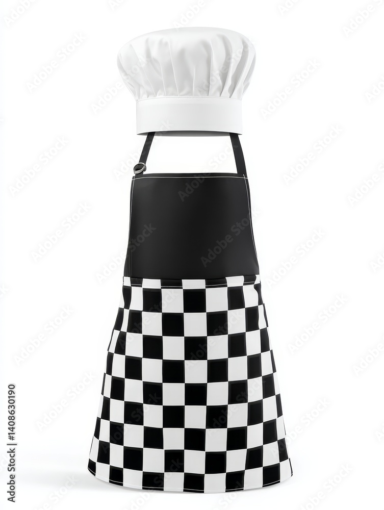 Stylish checkered apron paired with a classic white chef's hat; a clean, modern aesthetic - black styling shot chef