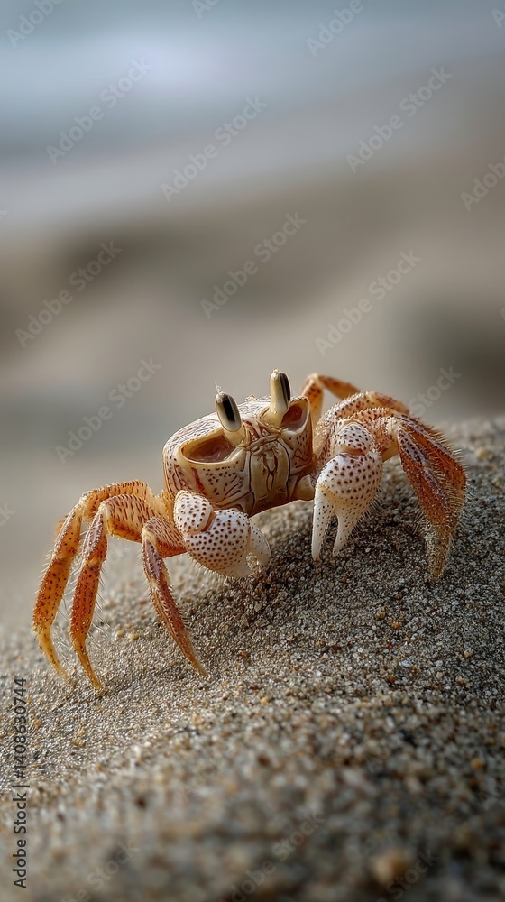 Close-up of a small crab rapidly scuttling sideways across sand - sideways scuttling ecosystem animal Close-up of a small crab rapidly scuttling sideways across sand - sideways scuttling ecosystem animal
