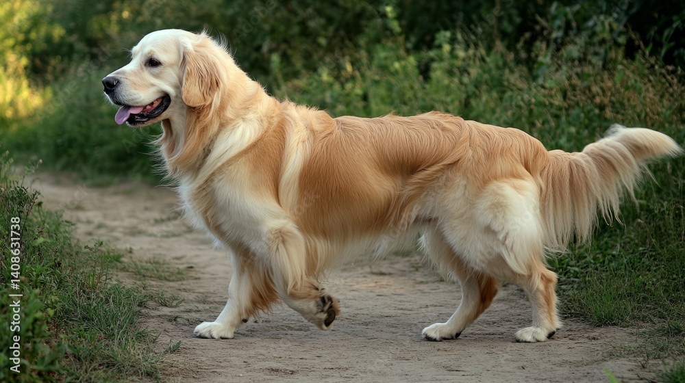 Golden retriever strolling on a path, bathed in warm evening light, embodying peaceful companionship with nature.
Golden retriever strolling on a path, bathed in warm evening light, embodying peaceful companionship with nature.