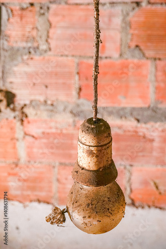 old and dirty incandescent light bulb with wasp nest