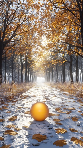 Autumn forest path, golden sphere