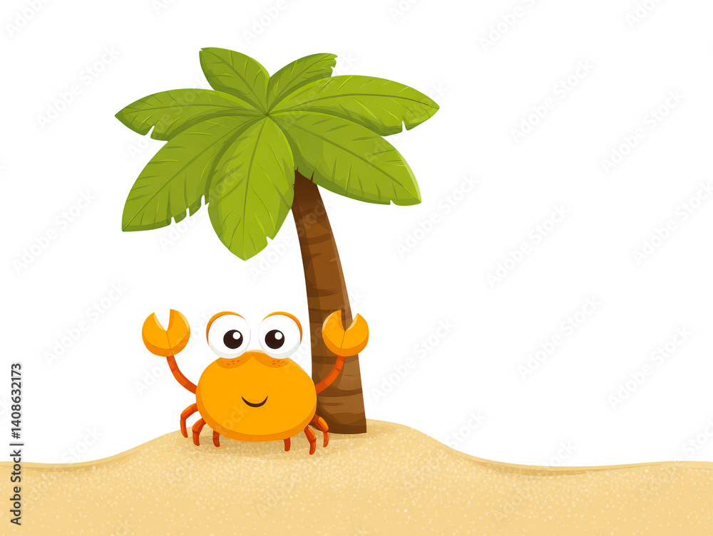 Cute Cartoon Crab with Palm Tree on a Transparent Background for Fun and Playful Designs