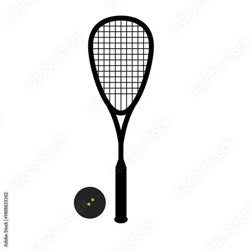 Black Squash Racket and Ball Front Facing Vector