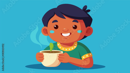 A young childs face lights up in pure joy as they take their first hesitant sip of ajiaco discovering a newfound love for a dish that has been a part of their culture for. Vector illustration