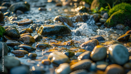 Serene Stream Flow Over Sunlit Stones