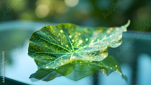 AI-Created Glowing Leaf on Glass Surface